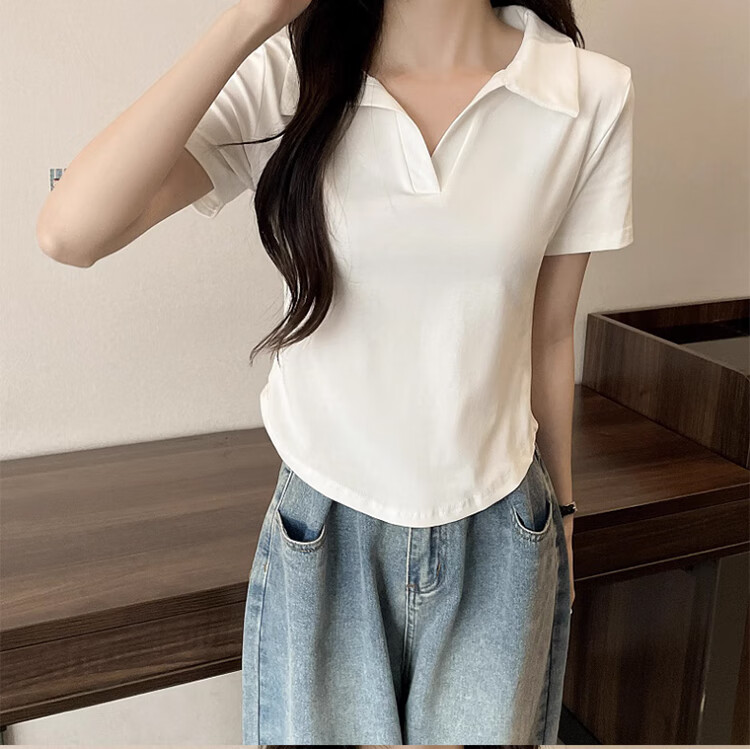 Langsha Women's Short Sleeve V-Neck T-Shirt Summer Fashion Versatile High-End Black Slim Fit Crop Top 15