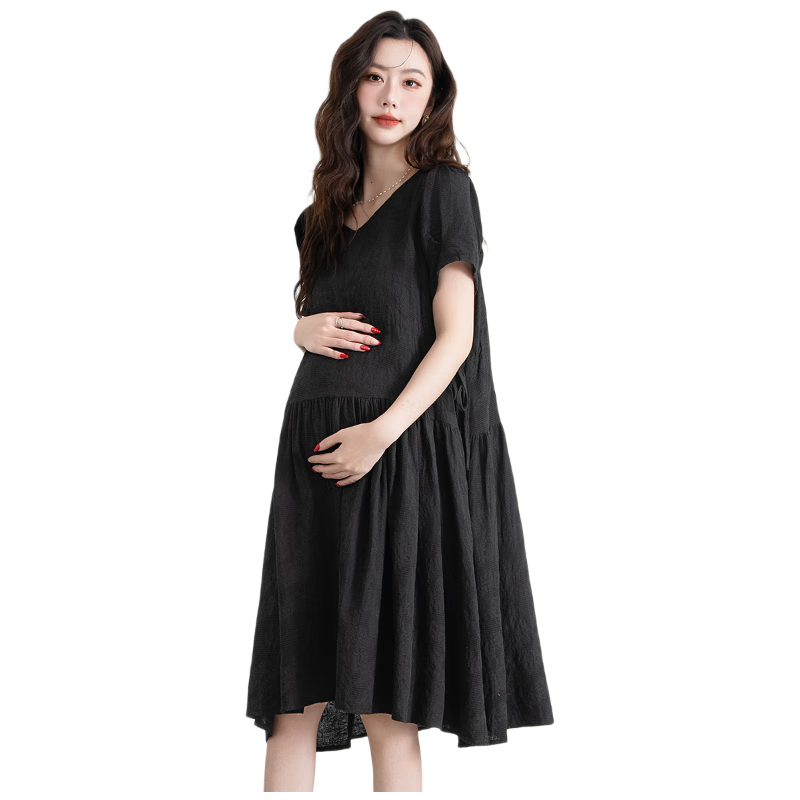 JOYNCLEON Maternity Dress Summer French Style Loose Black Long Dress Maternity Wear Black XXL Jly156790