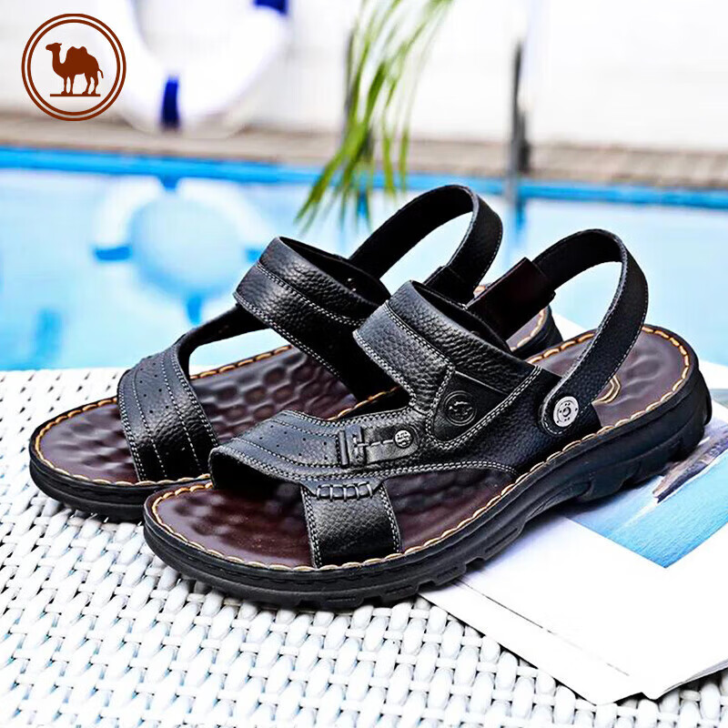 CAMEL Brand Men's Casual Slippers, Genuine Leather Sandals, Cowhide Breathable Wear-Resistant Beach Shoes, W822287612, Black, Size 44