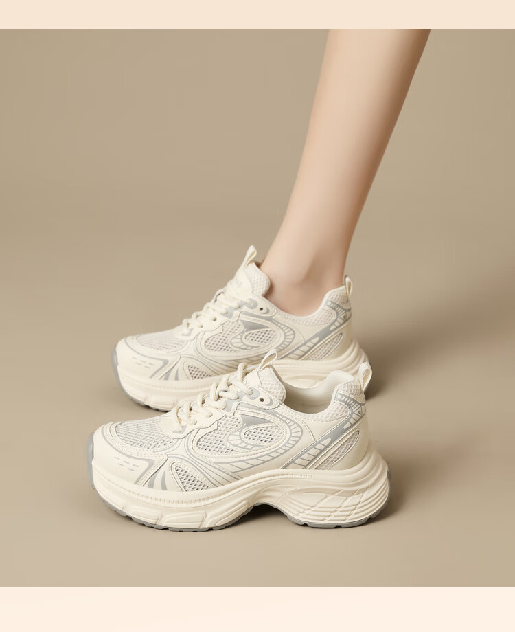 DAPHNE Thick-Soled Silver Dad Shoes for Women, New Style Thick-Soled Heightening Versatile Casual Sneakers, Beige, Size 40 6