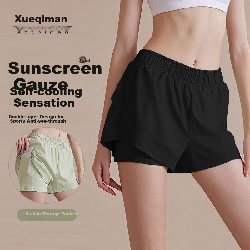 XUEXIMAN Yoga Shorts for Women, Faux Two-Piece Sports Shorts, High-Waisted, Anti-Chafing, for Running, Training, Fitness, Marathon Shorts, Summer