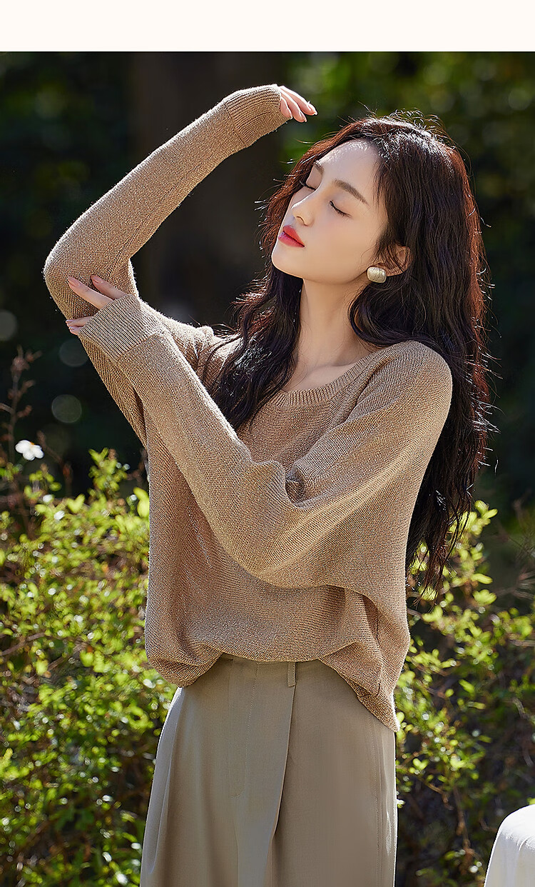 Dme [Jinsimian Sha] Spring And Autumn Lightweight Mature Retro Style Ribbed Round Neck Sweater, Batwing Sleeve, Concealing Knit Sweater, Women's Top 10