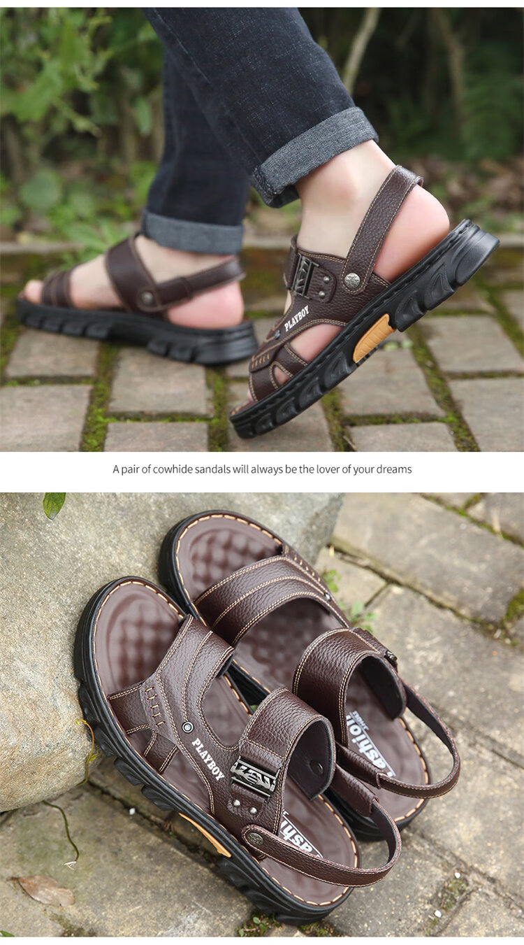 PLAYBOY Men's Sandals 2026 Summer Breathable Beach Shoes Men's Hole Shoes First Layer Cowhide Slippers Brown Size 43 6