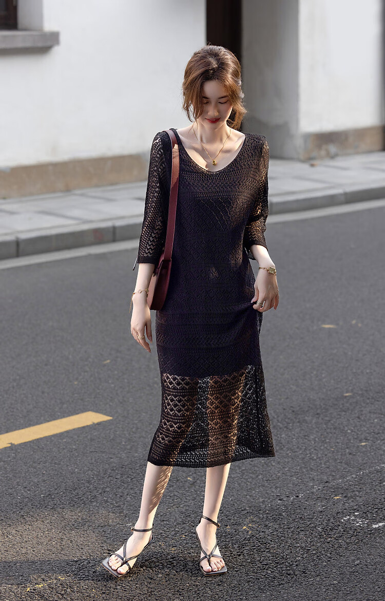 Dme [Black Spade Contract] Spring Elegant V-Neck Hollow-Out Mid-Sleeve Loose-Fitting Concealing Versatile Low-Key Women's Dress 5