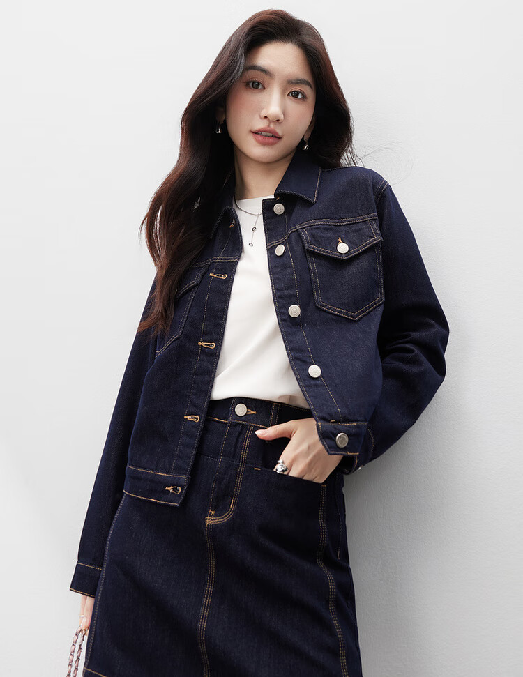 Sentubila Casual Denim Jacket for Women, Spring Season, Petite, Long-Sleeved, Loose-Fitting Outerwear, Slim-Fit Top, Navy Blue, M 21