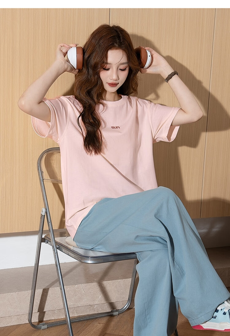 TonLion 2026 Summer Women's Front Chest Text Round Neck Fashionable Cute Short-Sleeve T-Shirt 11