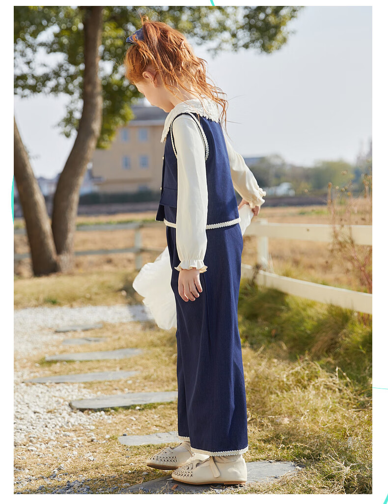 Fulomi Girls' Spring Autumn Vest Top and Casual Wide-Leg Pants Two-Piece Set Blue 110 4