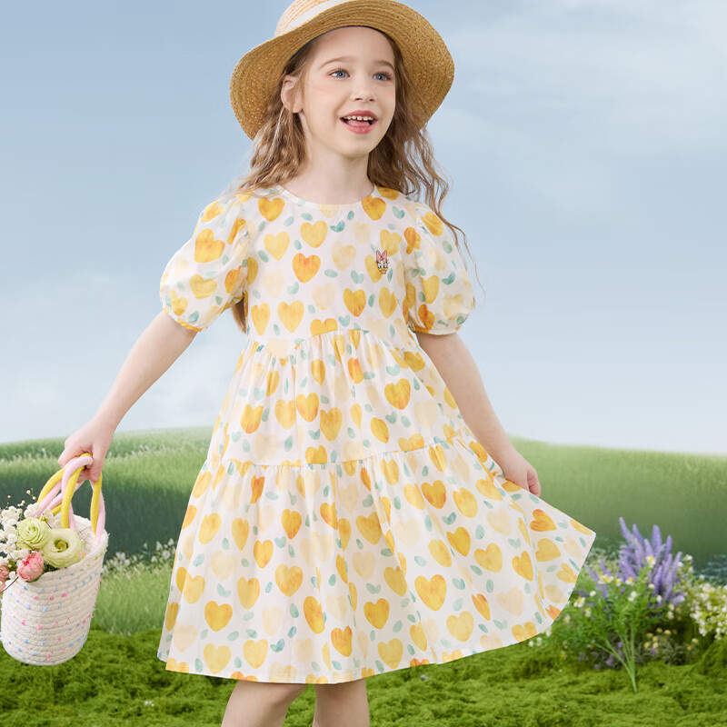 Disney Girls' Dress, Children's Summer Clothing, Big Kids' Pure Cotton Princess Dress, Stylish Floral Print Dress, 2DQ037 Light Yellow, Size 120