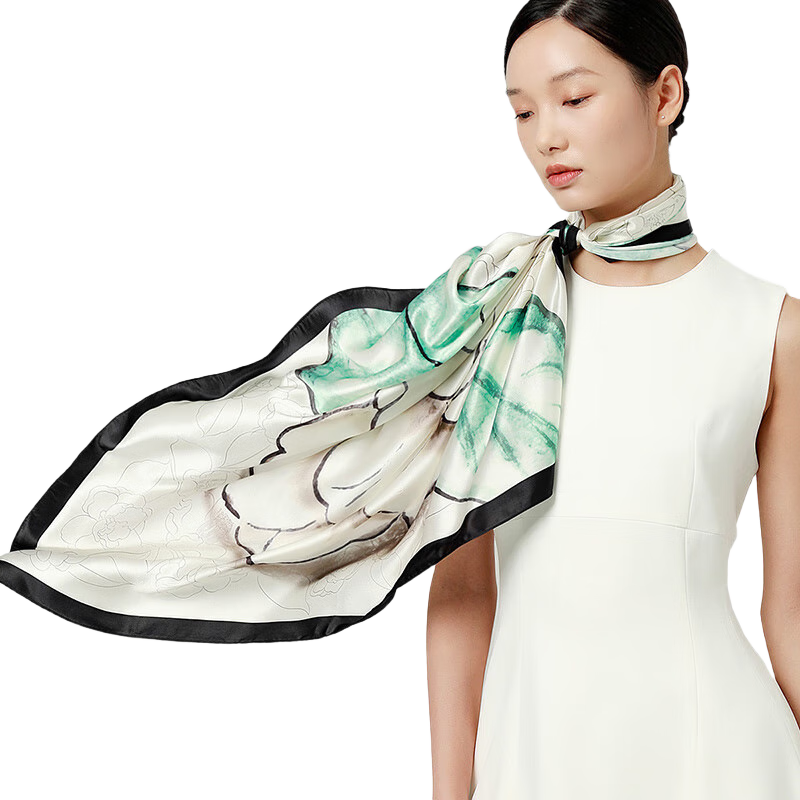 Sijie [Boutique Exclusive] Heavyweight Pure Silk Scarf, 100% Mulberry Silk Square Scarf with Printed Design, Shawl, Mid-Autumn Festival Gift