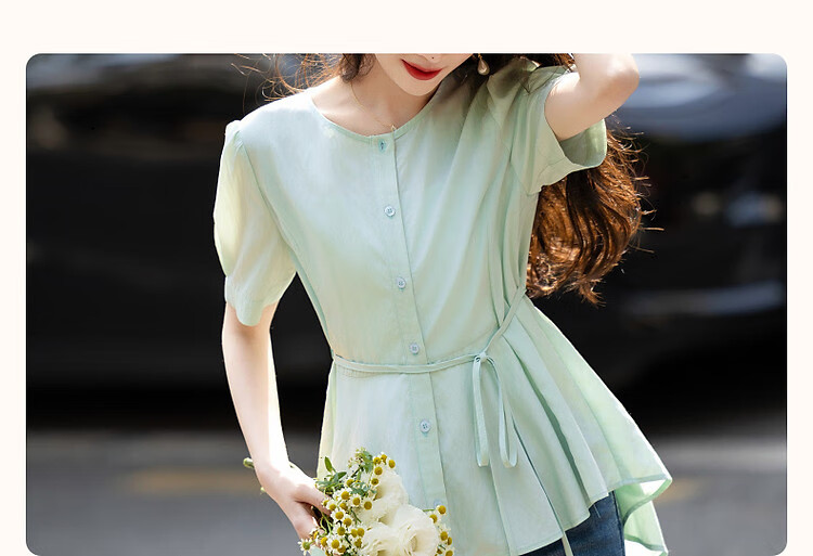 Dme [Elegant Top Student] Summer Comfortable Draping Cotton Wrinkle Shirt with Puff Sleeves And Belt, Women's Blouse Top 3
