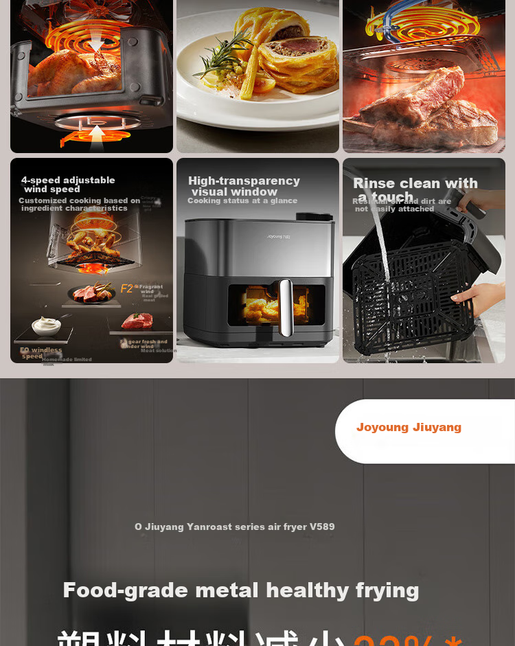 Joyoung Home 8L Air Fryer with No-Flip Design, Air Roasting Machine, All-Metal 3D Interior, Water-Filling Compartment, Oil-Free Low-Fat Electric Fryer KL80-V589 2