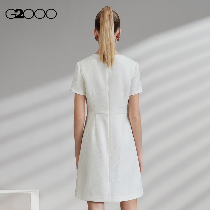 G2000 Coarse Floral Print/Mall-Matching Women's Clothing, Spring And Summer Elegant Chanel-Style Short-Sleeve Dress, Starlight White, L/38
