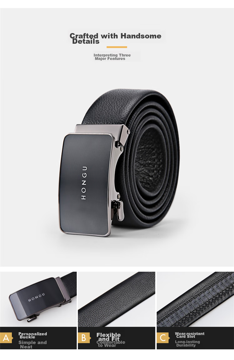HONGU Men's Belt, Top-Grain Leather, Casual Business Automatic Buckle Trouser Belt Gift Box, Birthday Present 2