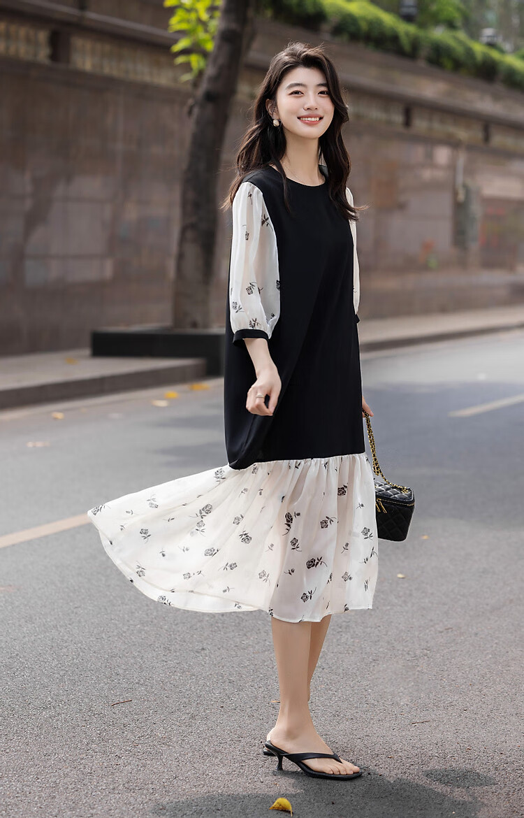 Demana [Smooth 80D Slub] Summer Elegant Loose Waist Ruffle Hem Printed Colorblock Women's Dress 14