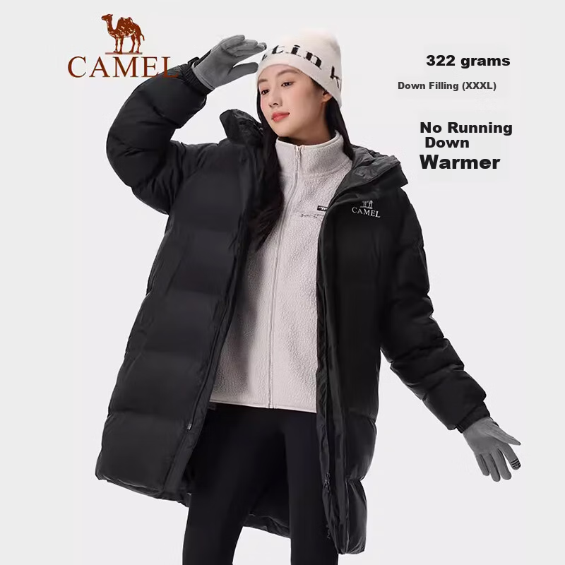CAMEL Women's down Jacket, Mid-Length Warm Hooded Puffer Coat, down Outerwear, 734CAPN604, Size L