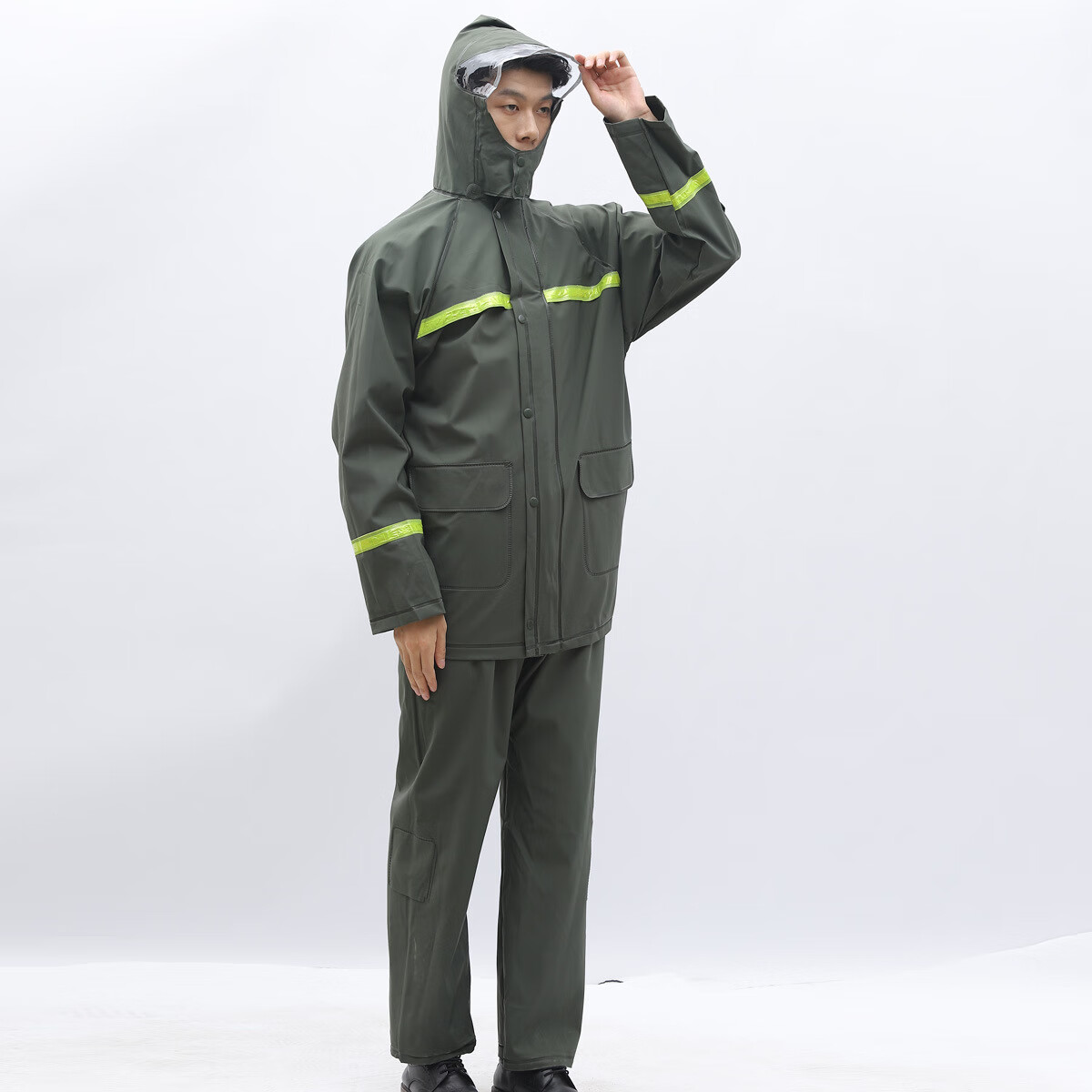 BAIGE High-Visibility Reflective Two-Piece Raincoat and Rain Pants Outdoor Adult Anti-Storm Rider Duty Flood Control Knitted Fabric Hooded Set Two-Piece Set Green 2XL CW714081 5
