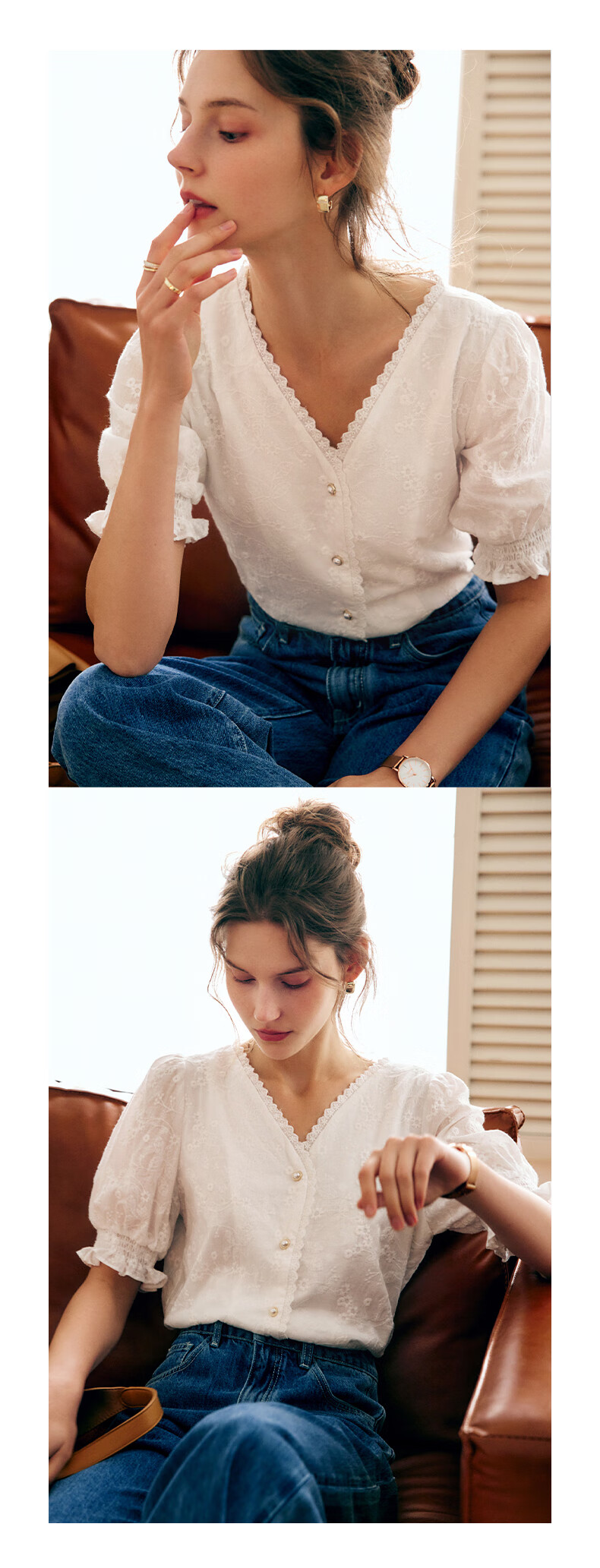 Olrain [Exquisite Small Flower Embroidery Lace Blouse], V-Neck Shirt, Summer Women's Top, Elegant Commuter Wear, White, M 11