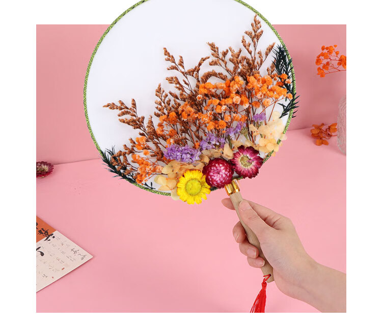 TaTanice Preserved Flower Fan DIY Kit Handmade Parent-Child Activity Dried Flower Round Fan Children's Gift Colorful 1