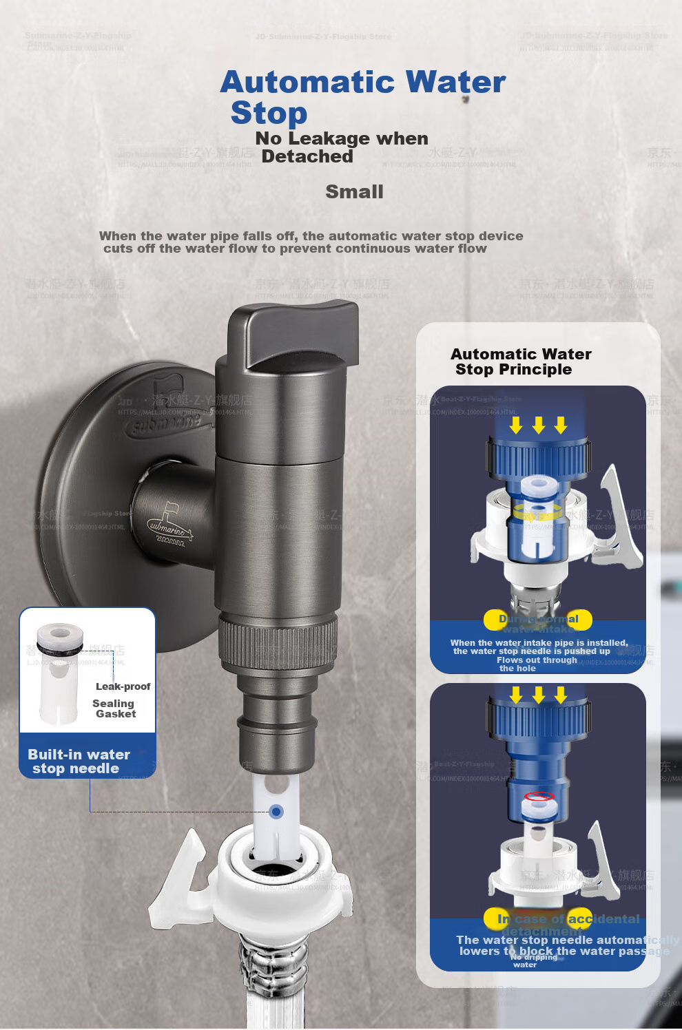 Submarine F418 Piano Key Chrome-Plated Angle Valve, Washing Machine Faucet, Ceramic Valve Core, 1/2 Inch Connector with Water Stop Needle, Spout 3