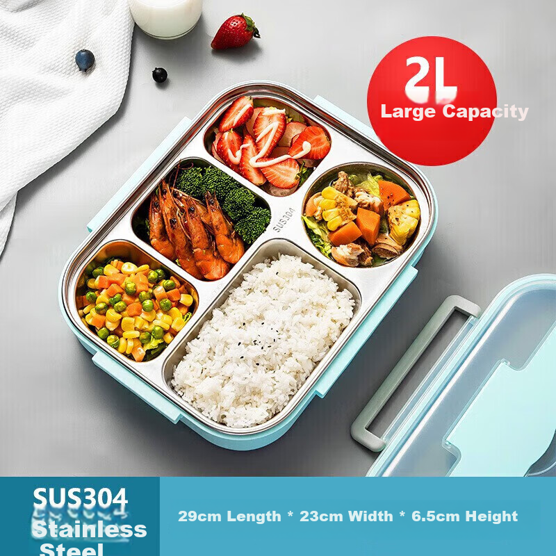 MAXCOOK 304 Stainless Steel Lunch Box, Extra Large And Deep Five-Compartment Student Lunch Box Tray 2L with Utensils Insulated Bag MCFT8765