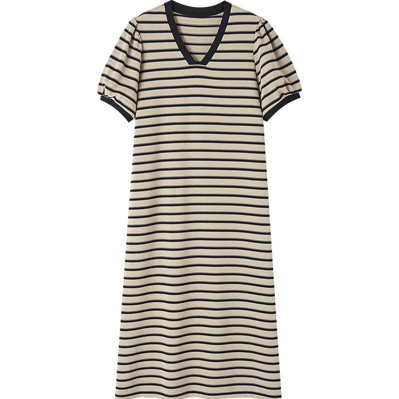 Demana Women's Summer V-Neck Striped Puff Sleeve Ribbed Splice Loose Knit Dress with Soft Cloud Cotton