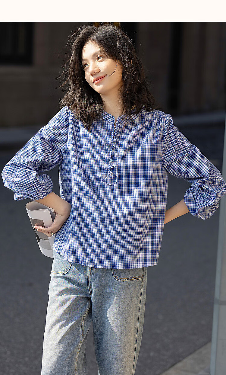 Dme [Salt-Style Youthful Plaid] Spring Small Stand-Collar Cloud-Feel Cotton Shirt with Small Pleats And Elastic Band, Women's Blouse Top 8