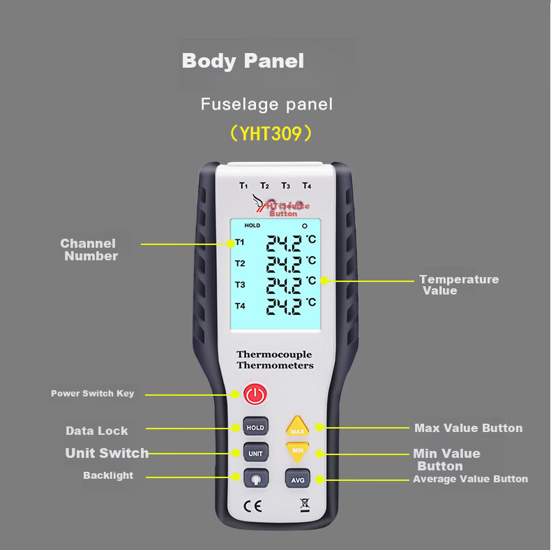 YHT Four-Channel Electronic K-Type Thermocouple Probe, Temperature Meter YHT309, Water Temperature Mold Thermometer Gauge 19