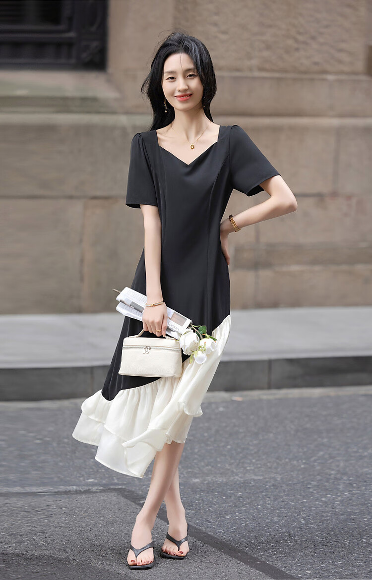 Dme [80D Random Mesh] Elegant Spliced Waist-Cinching Fish Tail Umbrella Skirt Short-Sleeve Contrasting Color Concealing Women's Dress 6
