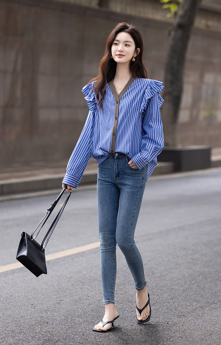 Dme [Straight to the Sky], Autumn Design V-Neck Striped Cotton Shirt, Patchwork Flutter Sleeves, Loose Blouse, Women's Top 10