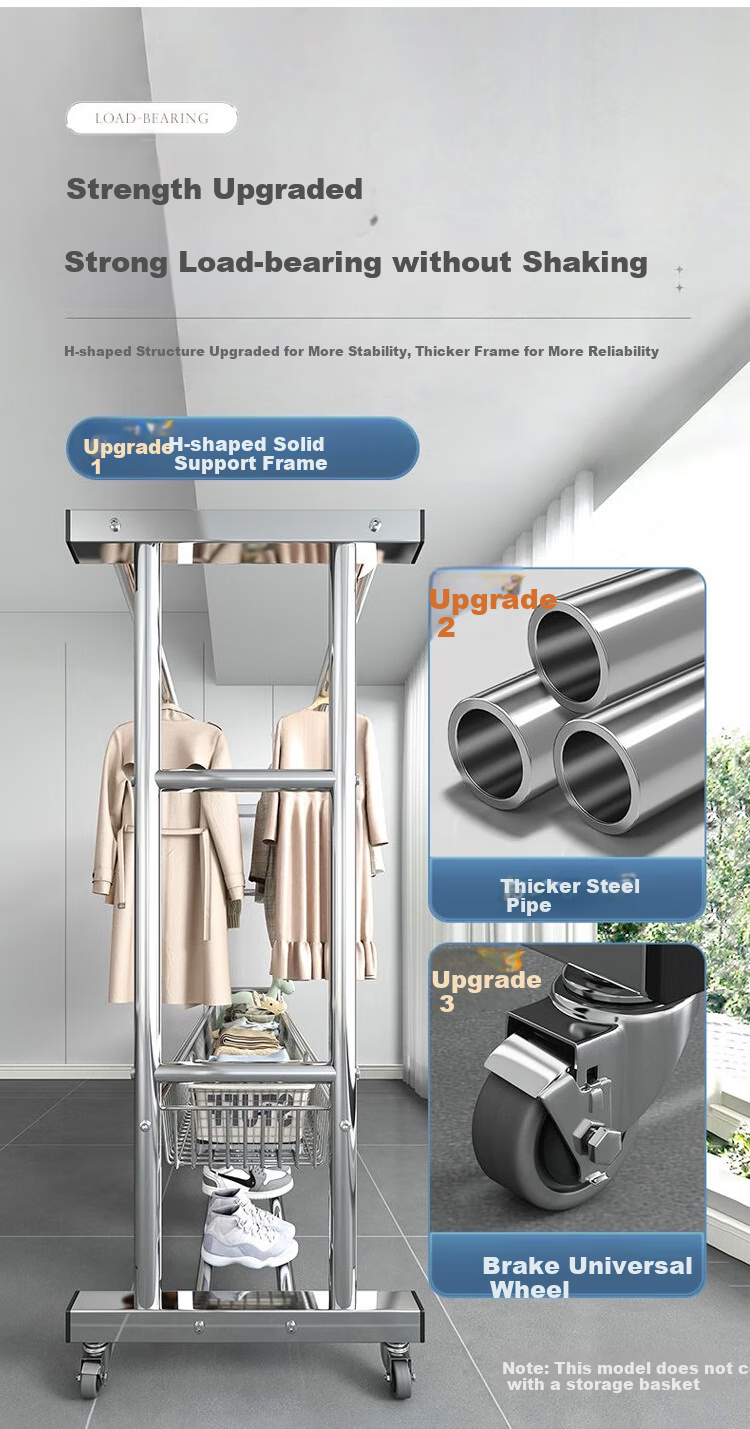 Haixifang Stainless Steel Clothes Drying Rack, Movable Outdoor Quilt Hanger, Double-Rod Single-Layer Shoe Rack, 1.5m 8
