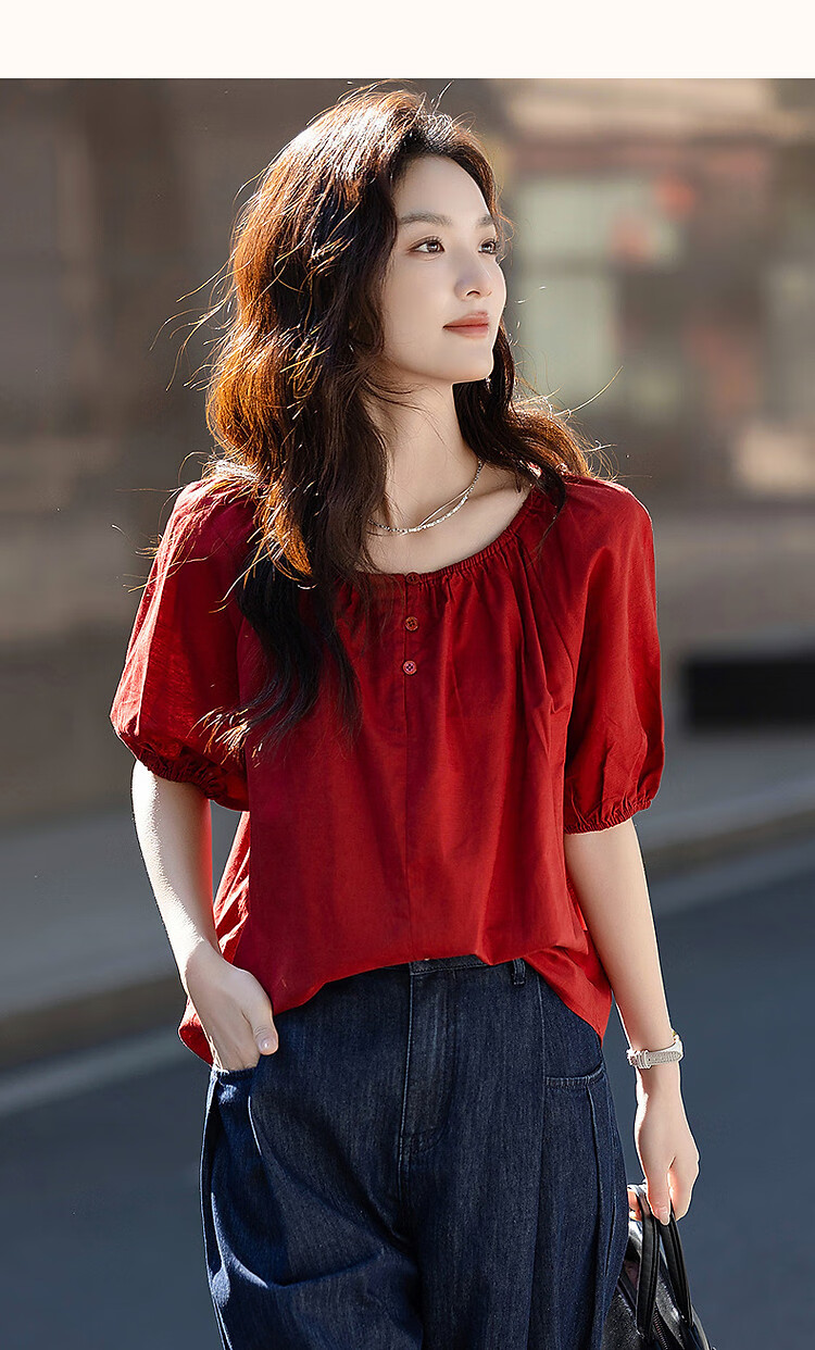 Dme [Elastic One-Shoulder Round Neck Two-Way Wear] Summer Lightweight Linen Cotton Blend Blouse Elegant Shirt Women's Top 18