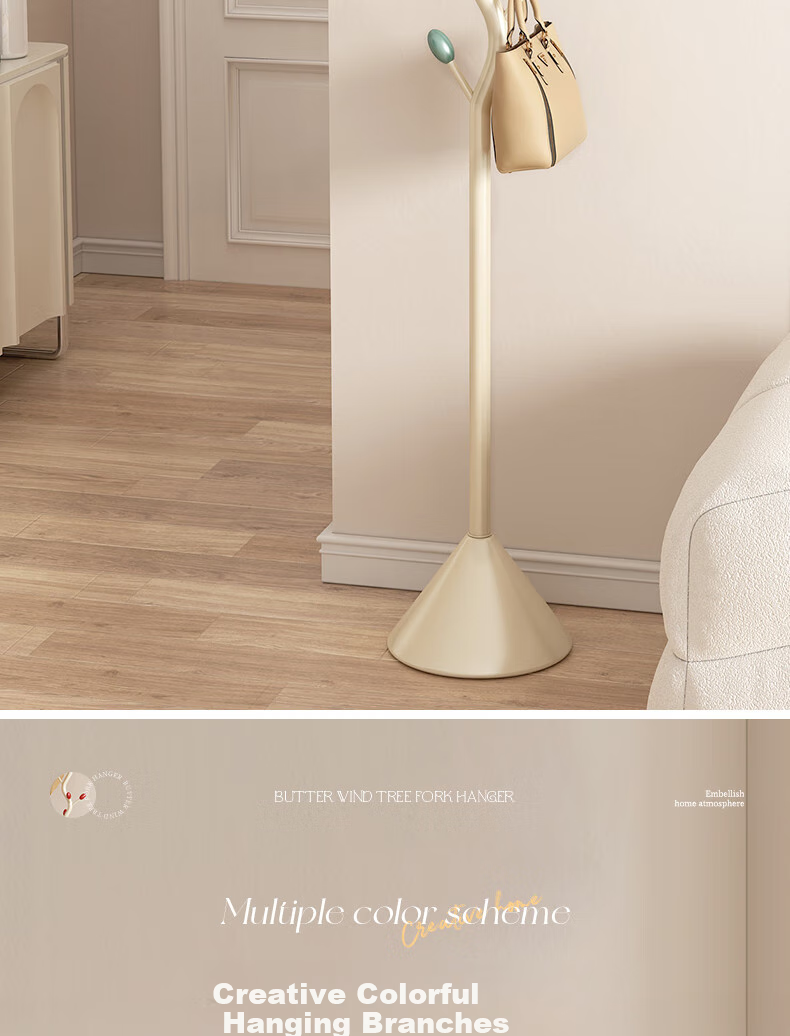 Shengnuoyilin Coat Rack Cream Style Bedroom Clothes Hanger, Entrance Hall Coat Stand, Fishbone Clothes Hanger, Floor-Standing Bag Rack, White And Gree 16
