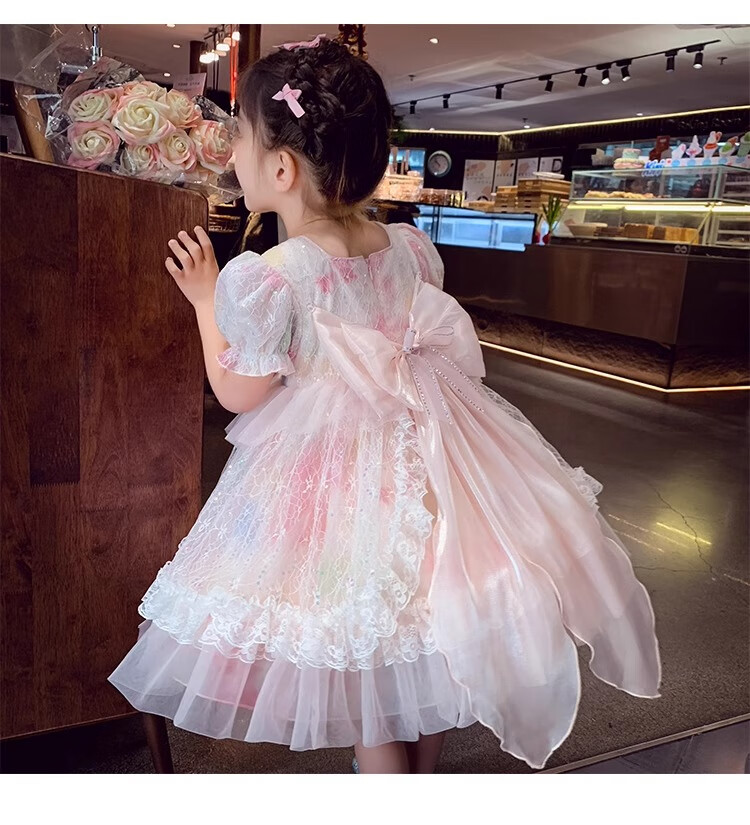 Anneyol Girls' Princess Dress Summer Outfit Stylish Children's Lolita Tulle Dress with Puff Sleeves, Pink, Size 160 22
