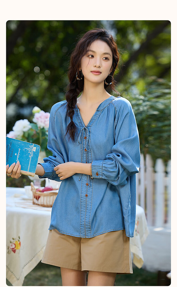 Dme [100 Lyocell] Autumn Lightweight Breathable Tie-Up Decorative Button Shirt, Loose Denim Blouse, Women's Top 3