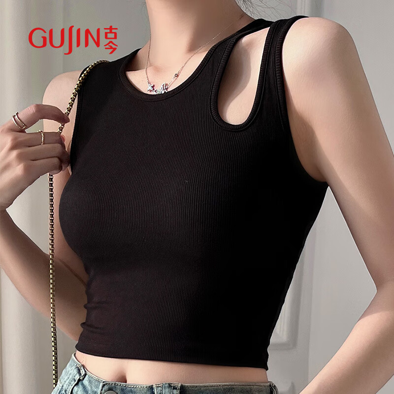GUJIN Hollow-Out Camisole Tank Top for Women, Summer Short Style with Built-In Bra Pads, Inner Wear Undershirt, Black, L, 115-135 Ji