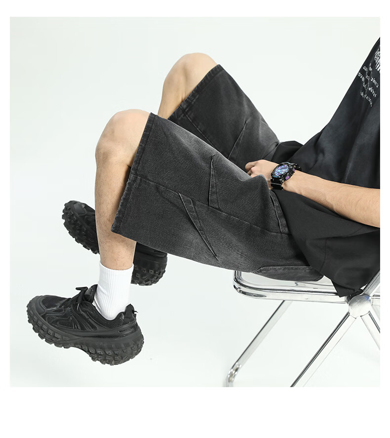 IZEXX American-Style Pleated Denim Shorts for Men, High Street Washed Vintage Loose Casual Five-Point Pants IZ029 Black 2XL 8