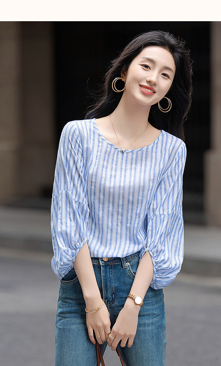 Dme [Pure Cotton Story] Spring Simple Style Hollow Striped Shirt, Artistic Comfortable Concealing Blouse, Women's Top 9
