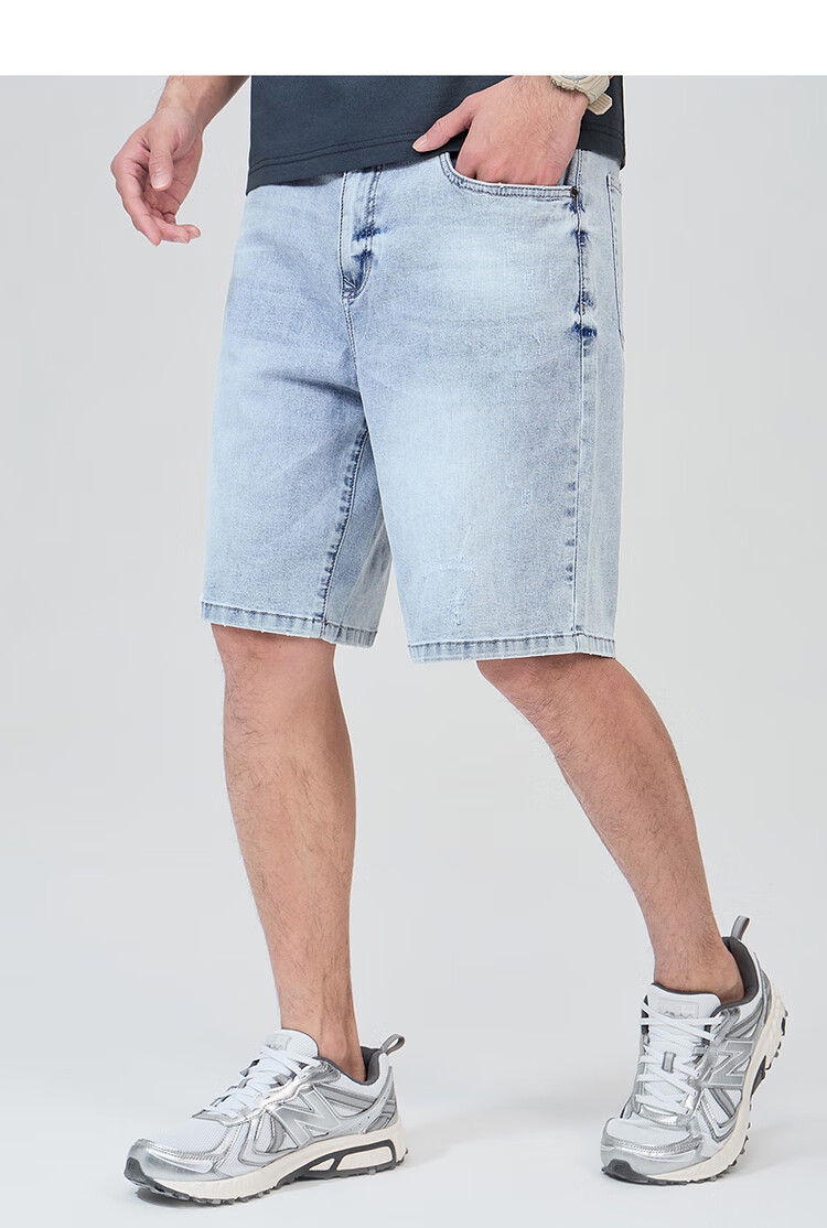 DANCING WOLVES [Bingyang Bar] Summer Fashion Cat Whisker Washed Cool Breathable Men's Denim Shorts, 113 Light Blue, Size 34 9