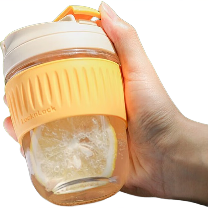 LOCK&LOCK Portable Coffee Mug Glass Cup with Straw, Handheld Cup, Cute Milk Cup, 350ML Yellow