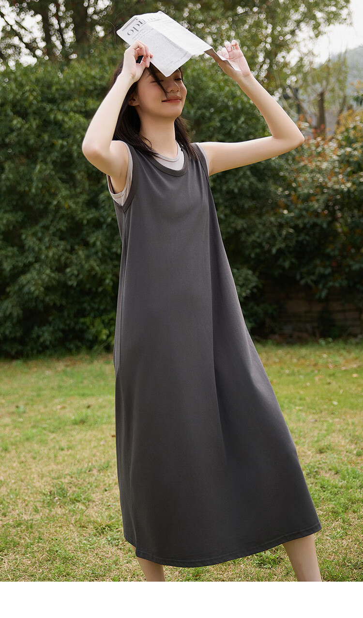 Dme Faux Two-Piece Powder White Contrasting Color Long Dress, Round Neck, Sleeveless, Versatile Knitted Long Dress 8