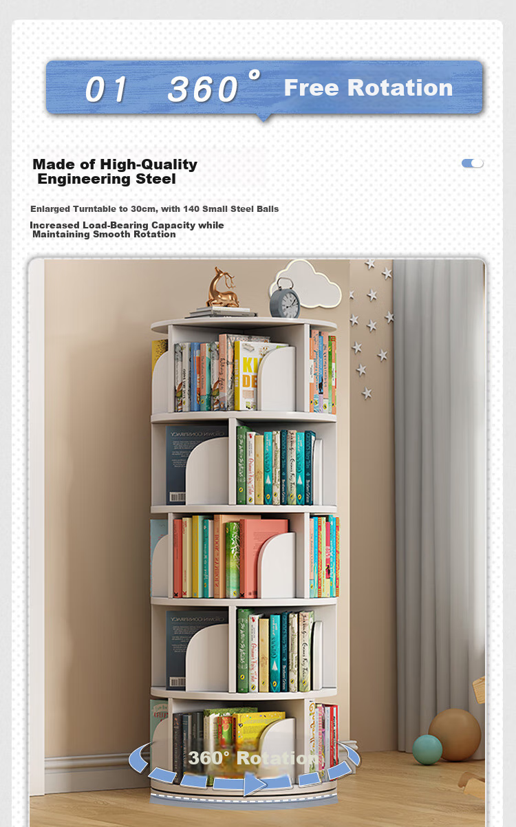 Anerya Rotating Floor Bookshelf, 360-Degree Bookcase, Picture Book Rack, Student Storage Shelf, Upgraded Version, 5-Tier, White 4