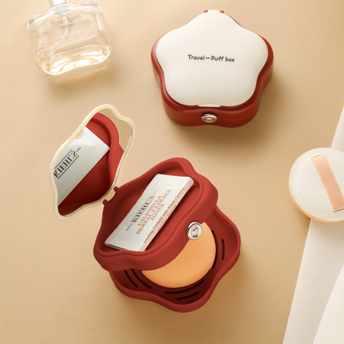 Fanyejia Breathable Powder Puff Storage Box, Makeup Mirror Dust-Proof Flip Lid Case, Air Cushion with Air Holes Empty Box