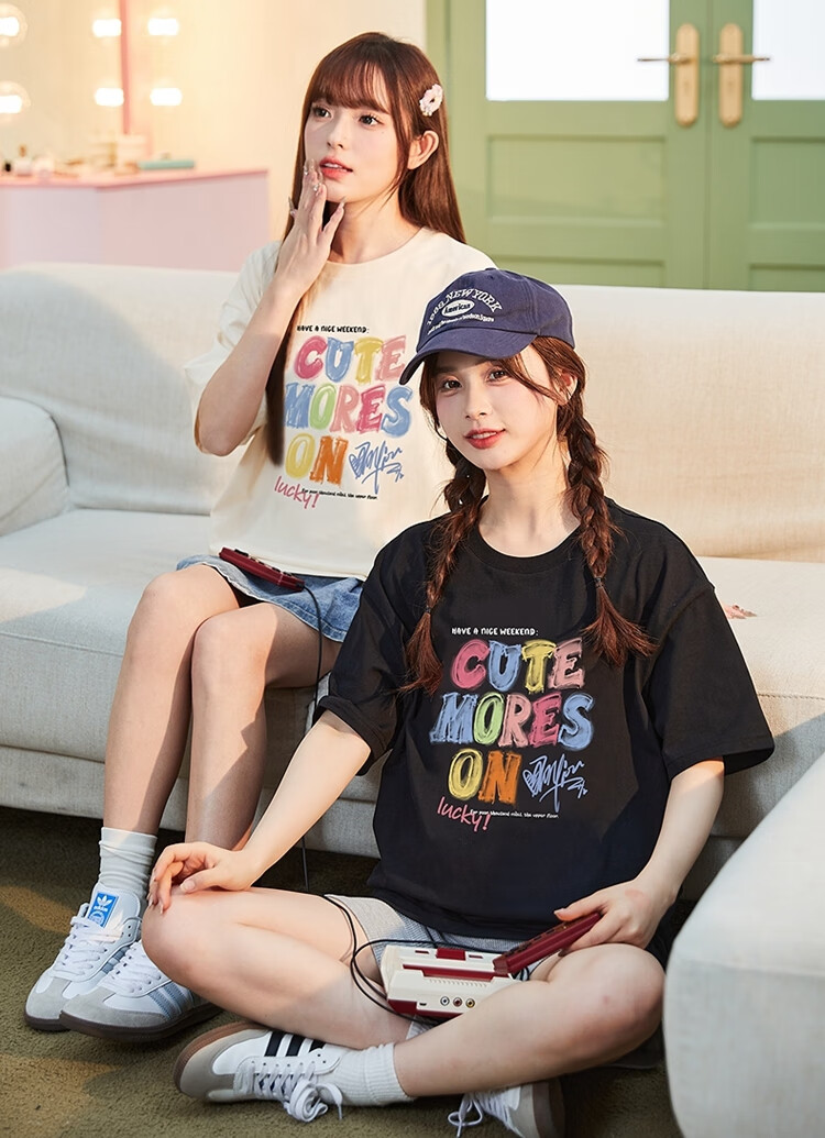 TonLion 2025 Women's Crew Neck Graffiti Text Cotton Short Sleeve T-Shirt Apricot Batch S 1