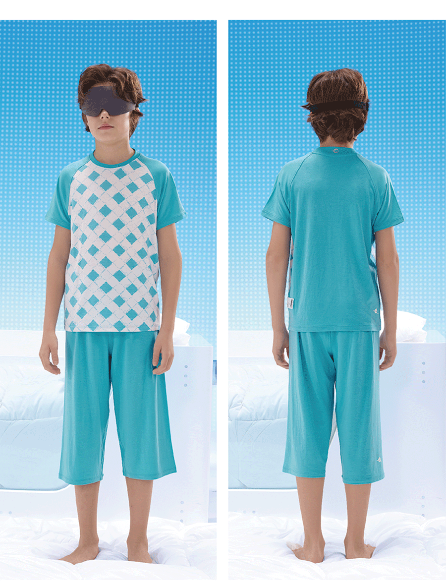 Hinos Children's Quick-Dry Casual Short-Sleeve T-Shirt And 7/8 Length Shorts Set, Indoor Checkered Loungewear, Size 110 Pink And Blue Set 5
