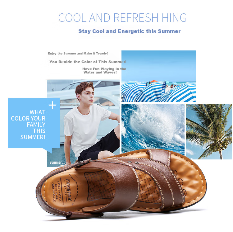 EGCHI Men's Sandals, Outdoor Slippers, Top-Grain Leather, Breathable Beach Shoes, 12129 Brown, Size 39 7