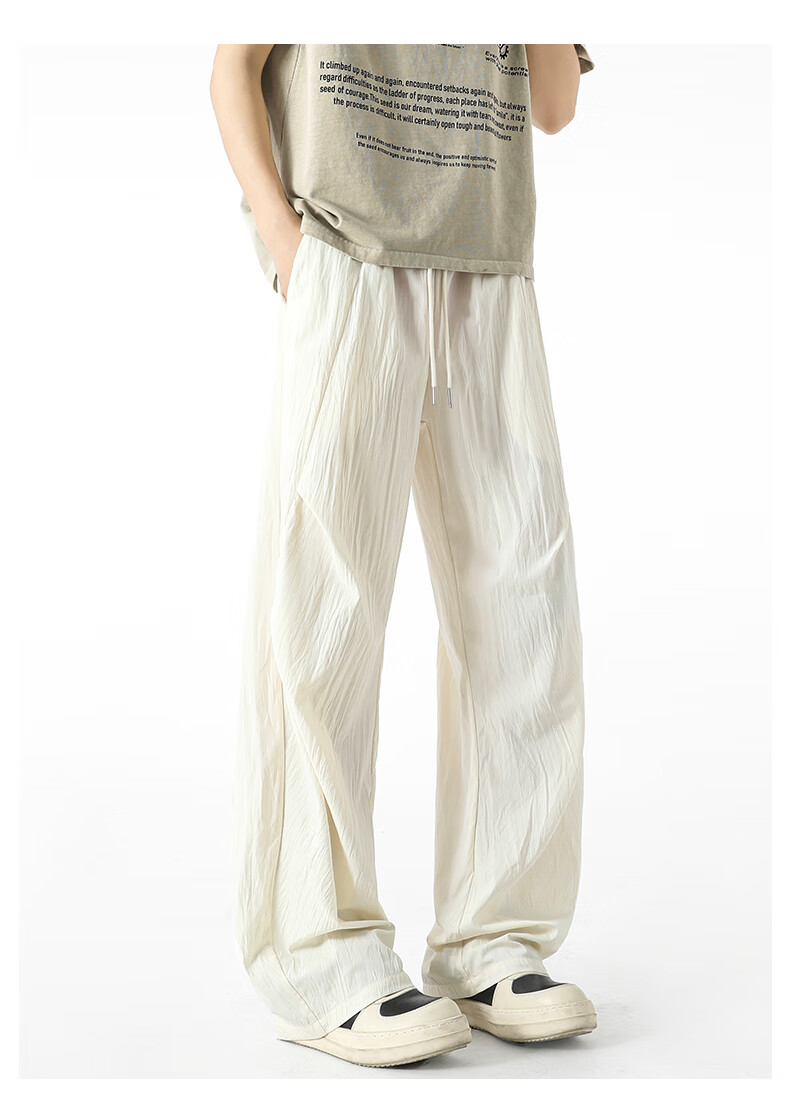 SWAMP AREA Wrinkled Ice Silk Pants for Men, Summer Lightweight American High Street Paratrooper Pants, Loose Straight-Leg Trousers KS51 Warm White 4XL 10
