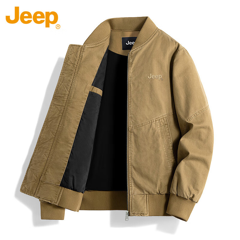 JEEP Men's Flight Jacket, Executive Spring And Autumn Workwear Baseball Collar Coat, Khaki, Size M