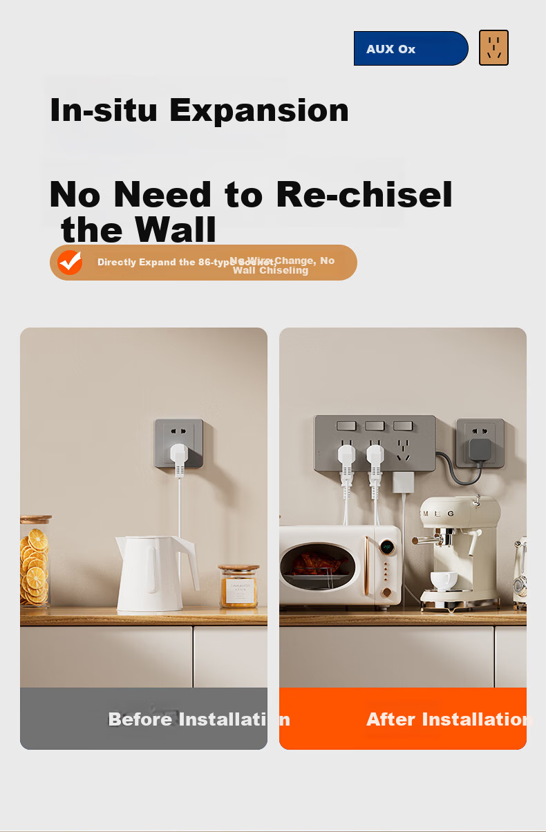 Aokesi Extension Socket with Power Cord, Multifunctional Bedroom Wall Extension Converter Socket, Kitchen Power Strip, Gray 5