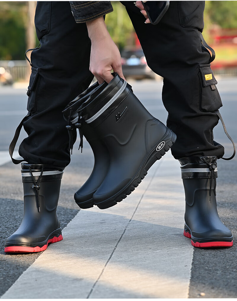 Warrior Men's Short Waterproof Non-Slip Rain Boots Outdoor Work Car Wash Delivery Rider Fishing Durable Rain Shoes 5388 Red Size 42 3