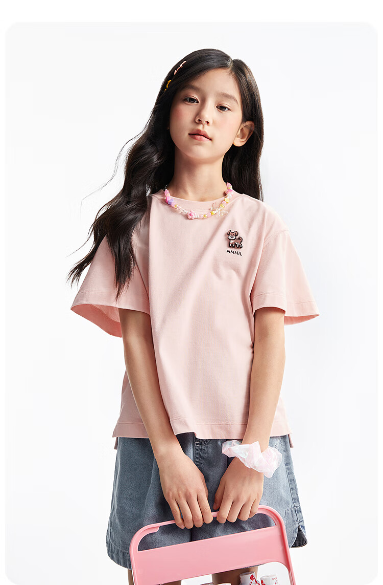 Annil Girls' Round Neck Short-Sleeve T-Shirt, 2025 Summer New Style, Pure Cotton, Casual, Moisture-Wicking, Breathable, Loose-Fitting, Fashionable 8